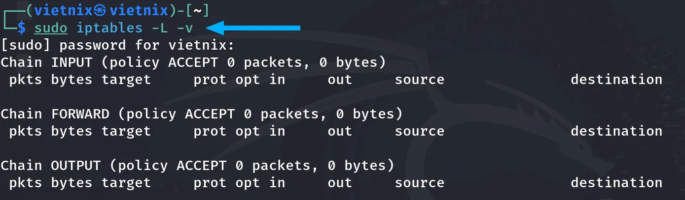 Lệnh iptables đã được cài đặt