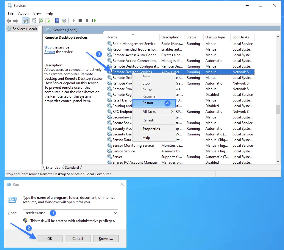  Khởi động lại dịch vụ Remote Desktop