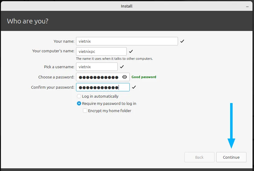 Tạo người dùng và mật khẩu trong khi cài đặt Linux Mint