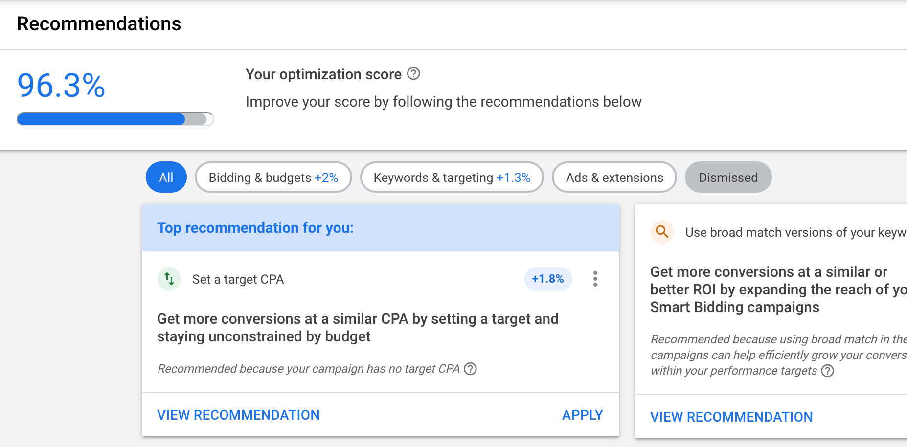 Báo cáo đề xuất của Google Ads
