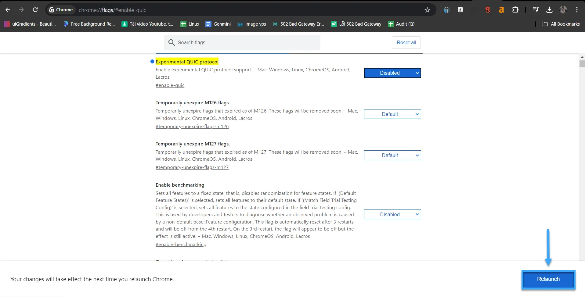 Lỗi err_ssl_protocol_error là gì? Nguyên nhân và cách khắc phục nhanh chóng 49 Vô hiệu hóa giao thức QUIC trong chrome://flags - Chọn Relaunch