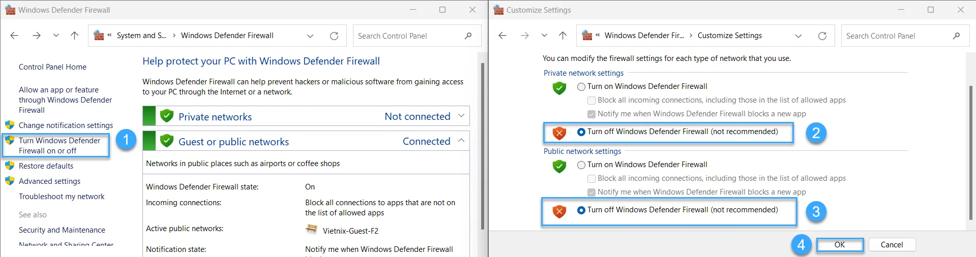 Lỗi err_ssl_protocol_error là gì? Nguyên nhân và cách khắc phục nhanh chóng 46 Click chọn Turn off windows firewall(not recommended)