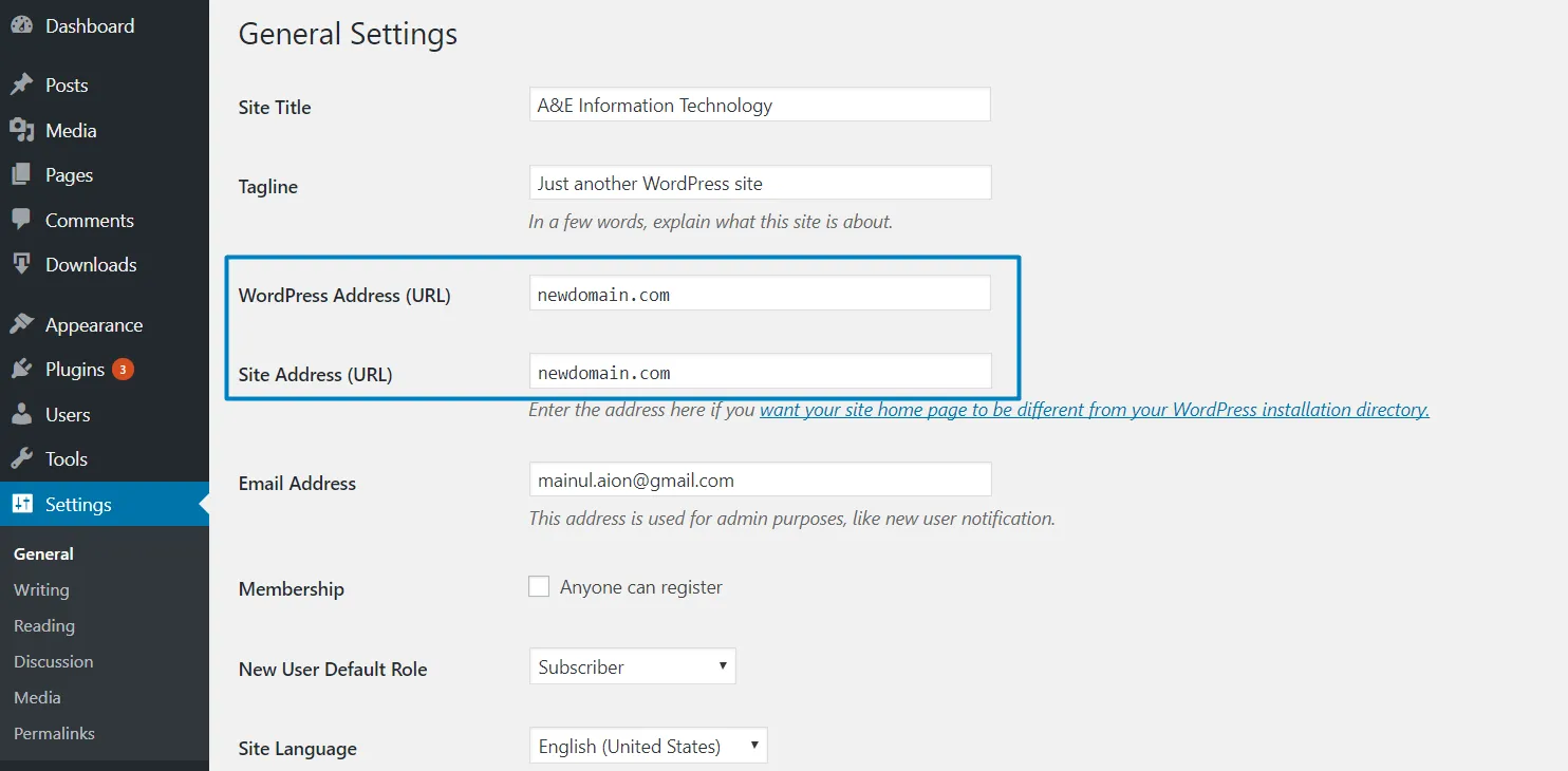 Đổi tên miền trong giao diện setting WordPress