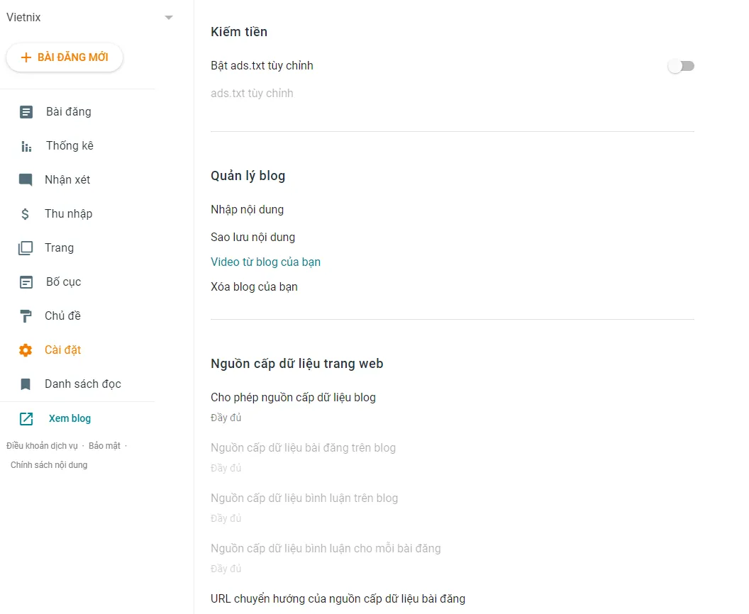 Cài đặt nguồn cấp dữ liệu trang web