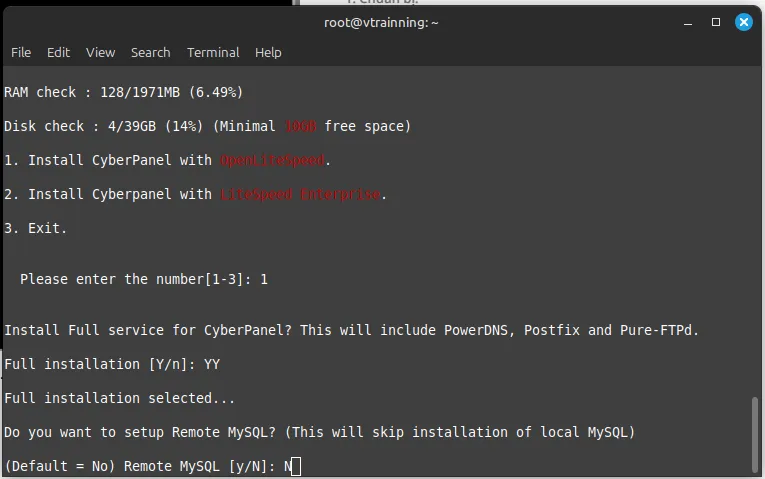 Nhập N để từ chối cài đăt Remote MySQL