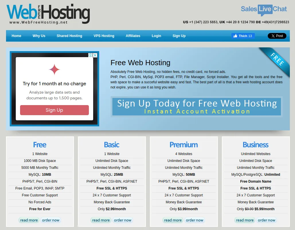 WebFreeHosting cung cấp dịch vụ hosting miễn phí với giao diện đơn giản