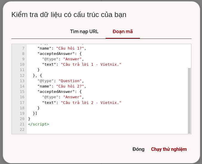 Nhập URL của trang web hoặc dán trực tiếp đoạn mã JSON-LD vào ô kiểm tra.