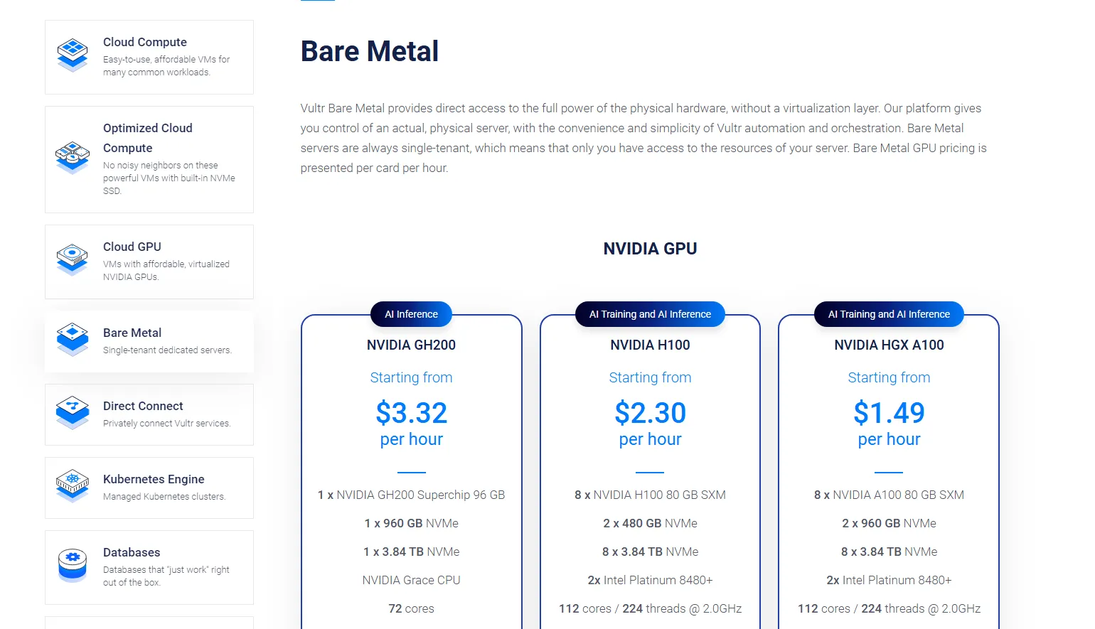 Sản phẩm Bare Metal của Vultr Server