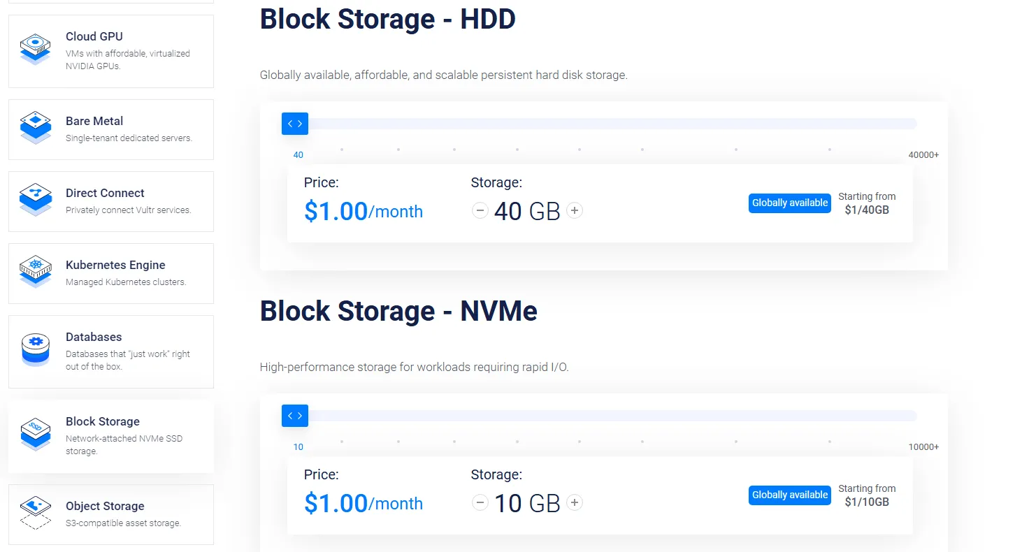 Sản phẩm Block Storage của Vultr Server