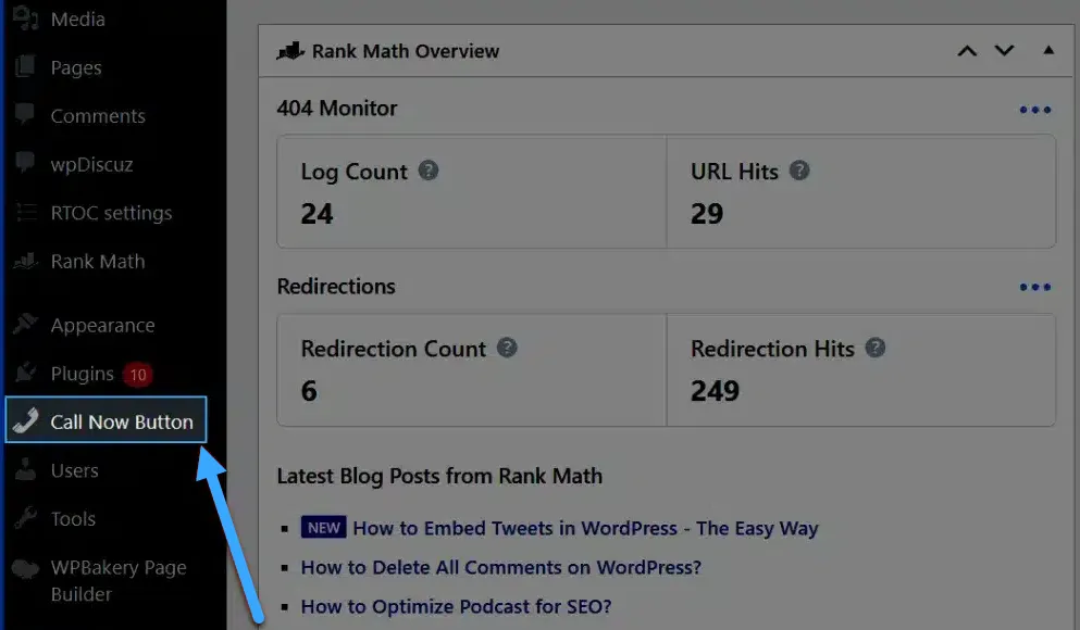 Click vào Call Now Button trên menu trong phần Dashboard