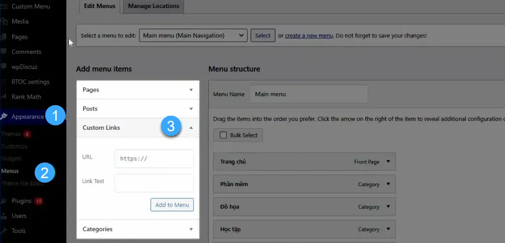 Thêm nút gọi bằng menu WordPress
