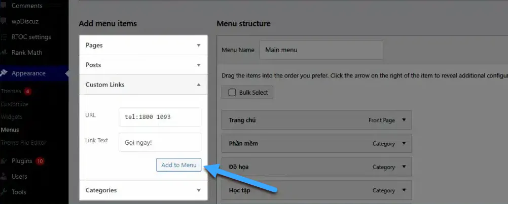 Thêm URL và Link text cần hiển thị