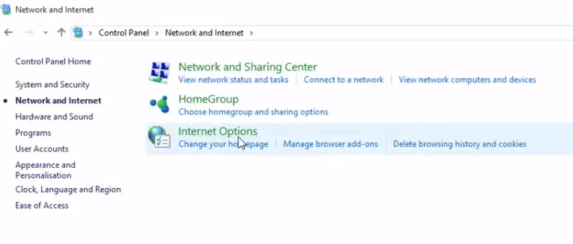 Chọn Internet Options