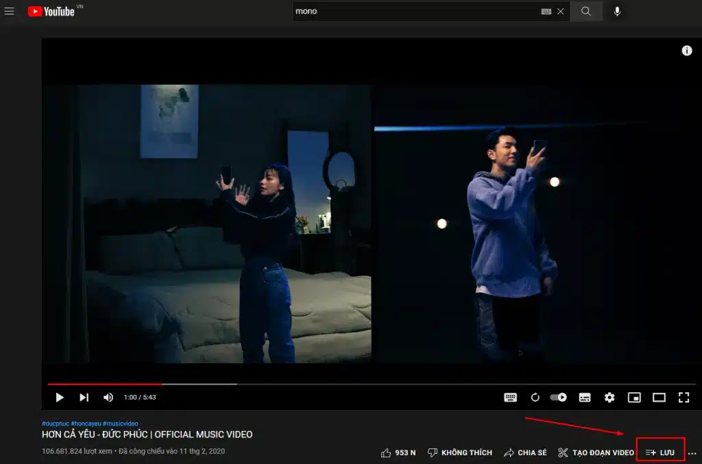 Người dùng nhấn vào nút Lưu để lưu video vào danh sách phát