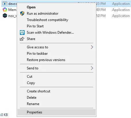 Click phải file devcon.exe chọn propertise để kiểm tra lại