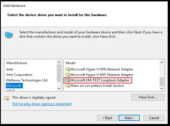 Chọn Microsoft KM-TEST Loopback Adapter