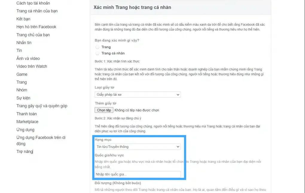 Cách lên tích xanh Facebook đơn giản cho người mới 25 Nhập tên quốc gia