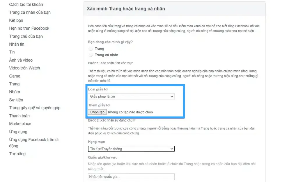 Cách lên tích xanh Facebook đơn giản cho người mới 24 Chọn loại giấy tờ để xác minh