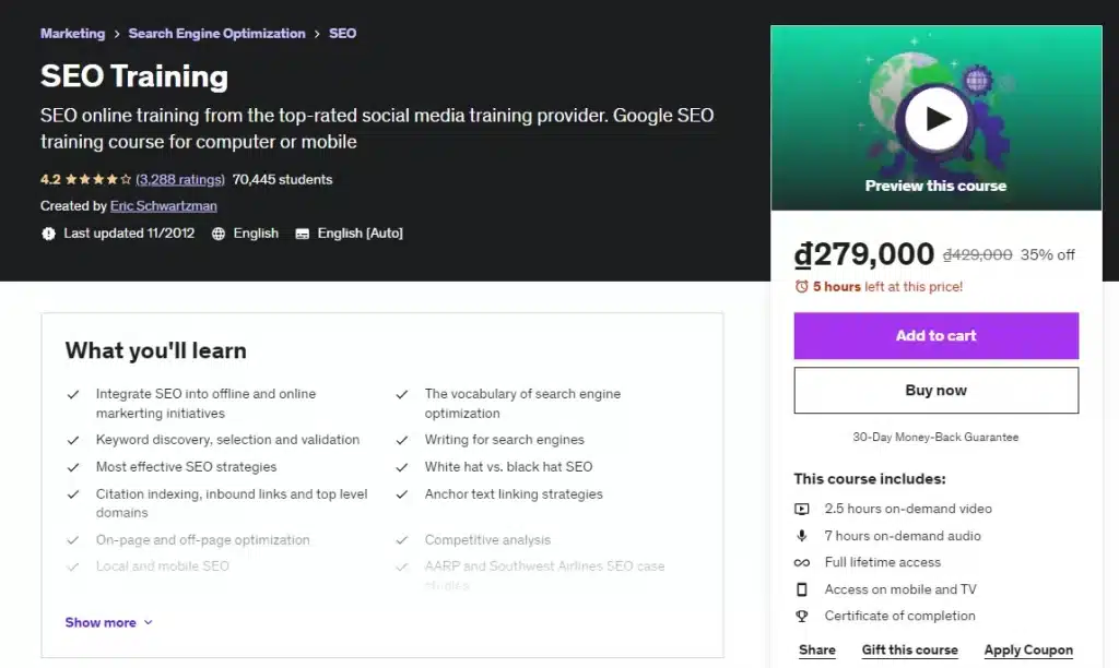 Khóa học SEO trực tuyến trên Udemy