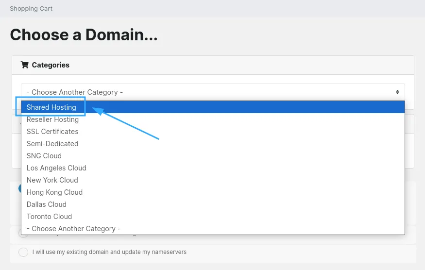 Bước 2: Chọn dịch vụ (ví dụ: Shared Hosting)