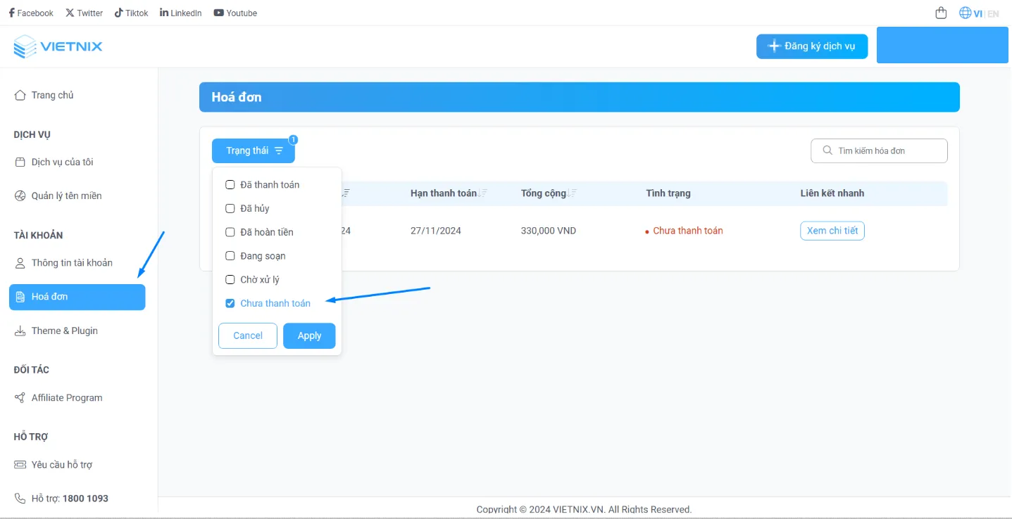 Xem trạn thái hóa đơn tại Portal Vietnix