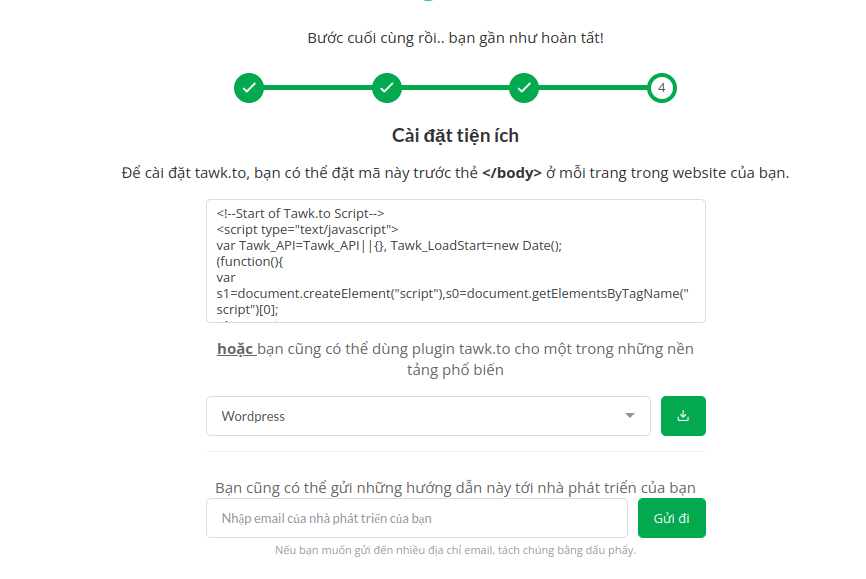 Mã code có sẵn trong mục quản trị của Tawk.to