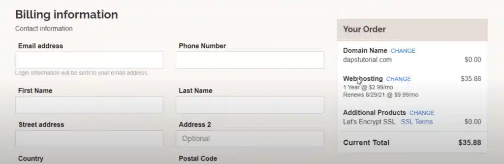 Điền thông tin thanh toán khi mua hosting Ipage