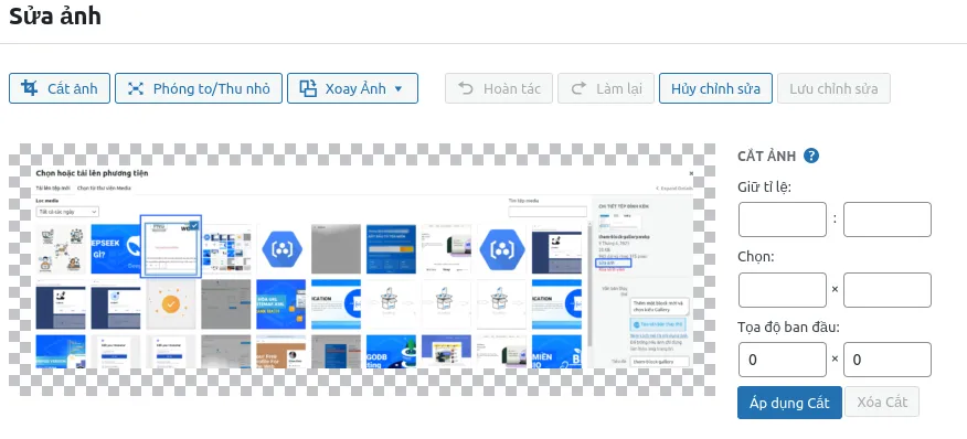 Giao diện WordPress cho phép xoay, cắt và điều chỉnh kích cỡ ảnh