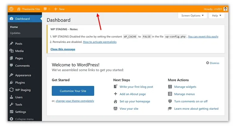 Giao diện dashboard Staging site
