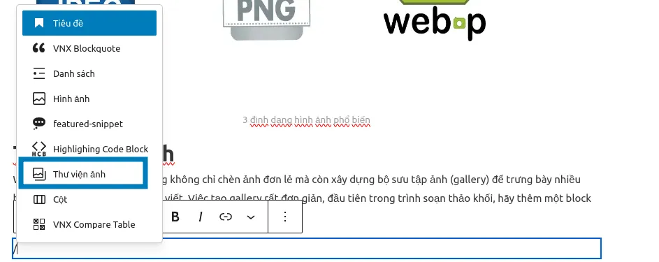 Thêm một block mới và chọn kiểu Gallery
