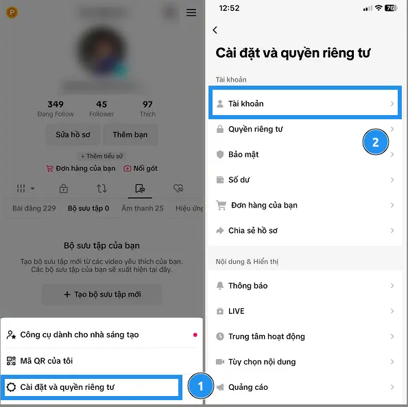 Chọn "Cài đặt và quyền riêng tư" (Settings and privacy), sau đó nhấn vào "Tài khoản" (Account)