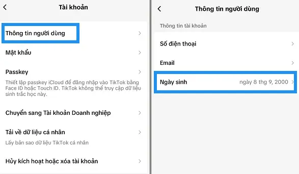 Tiếp theo, chọn "Thông tin người dùng" (User information), rồi nhấn vào mục "Ngày sinh" (Birthday)