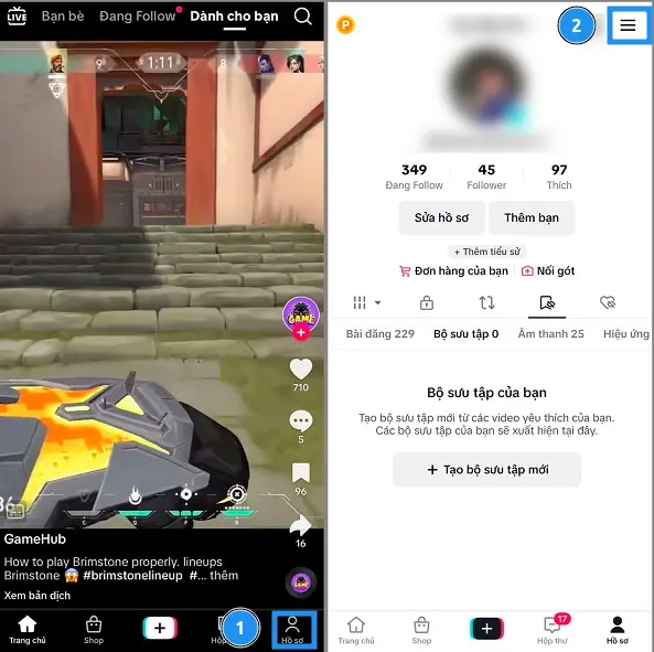 Chọn Hồ sơ -> Chọn dấu 3 gạch