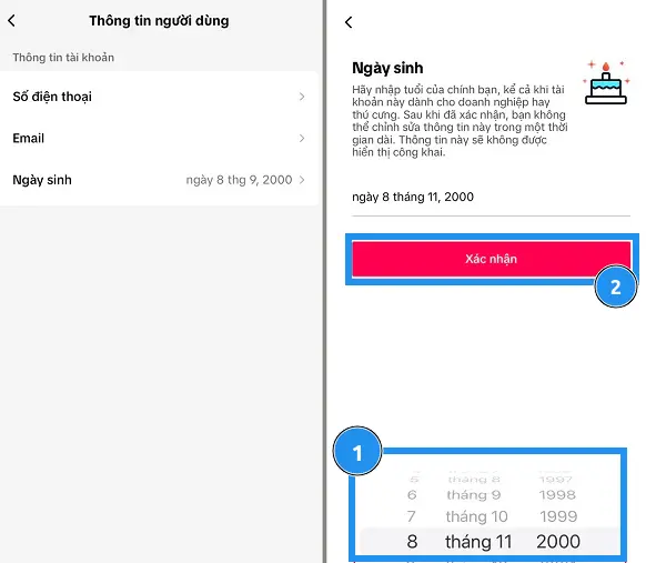 Sau khi chọn ngày sinh mới, nhấn "Xác nhận" (Confirm) để lưu lại thay đổi.