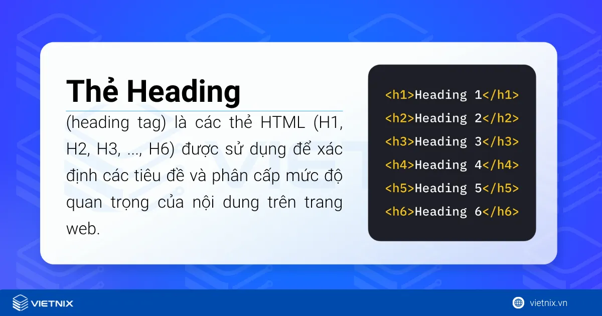 Thẻ heading (heading tag) là các thẻ HTML (H1, H2, H3, ..., H6)