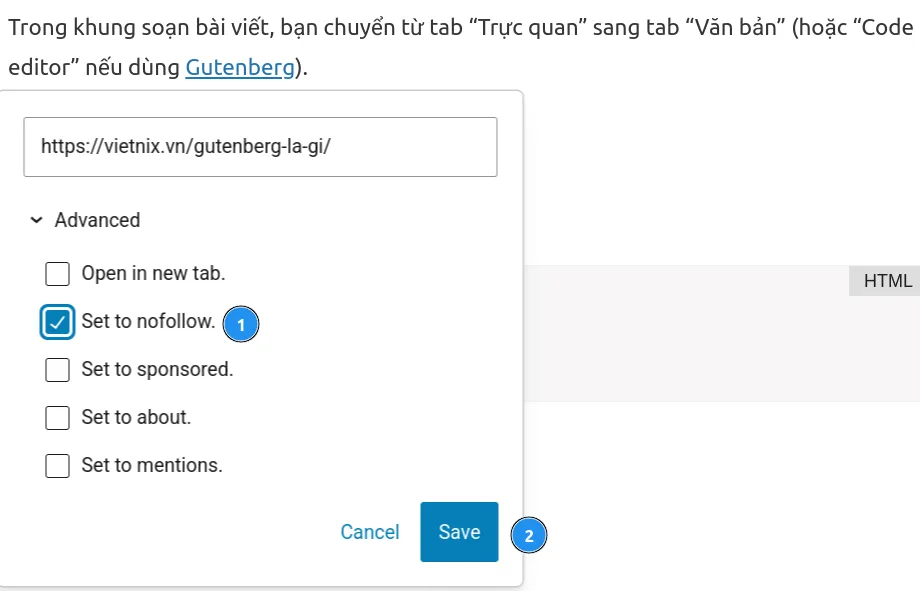 Trong cửa sổ tùy chỉnh, bạn tick vào ô “Thêm rel=”nofollow” vào liên kết này”, rồi nhấn Save.