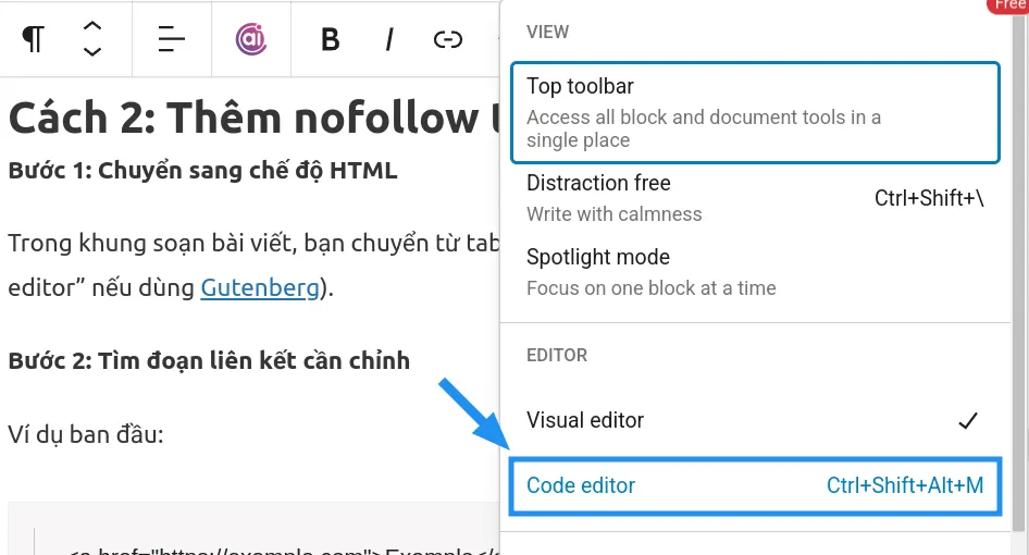 Trong khung soạn bài viết, bạn chuyển từ tab “Trực quan” sang tab “Văn bản”
