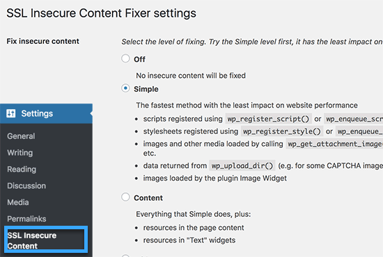 Chọn mục SSL Insecure Content