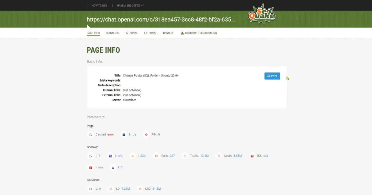 Thẻ Page Info của SEOquake