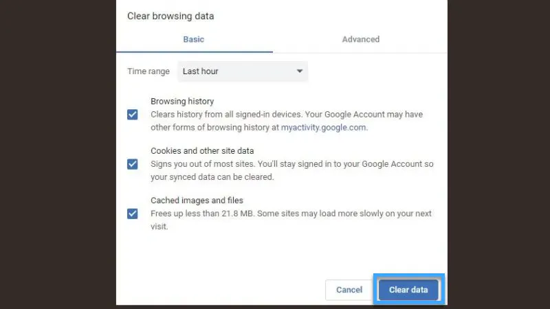 Chọn các mục cookies và cache cần xóa