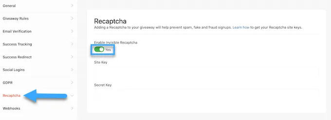 Bật recaptcha và lưu