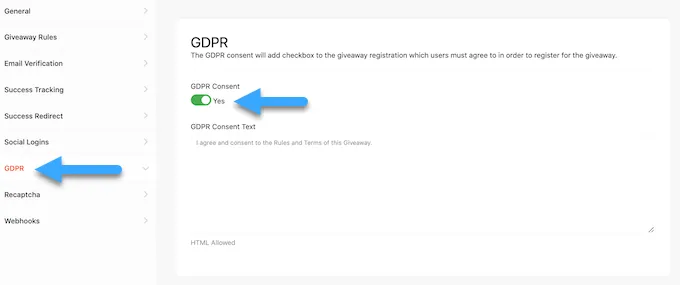 Cài đặt GDPR của RafflePress