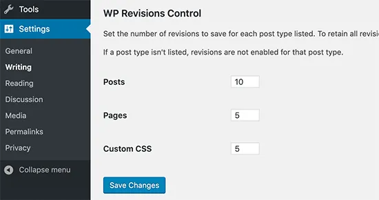 Cài đặt WP Revisions Control
