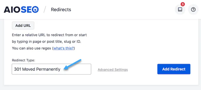 Chọn Redirect type để redirect 301