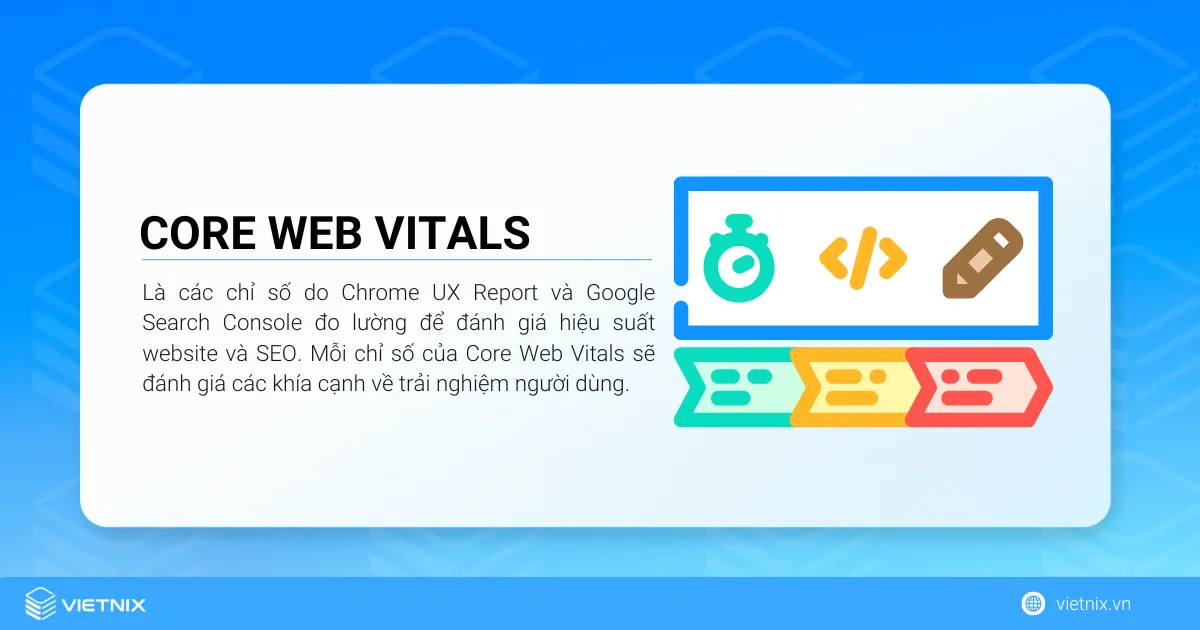 Core Web Vitals là các chỉ số do Chrome UX Report và Google Search Console đo lường để đánh giá hiệu suất website và SEO