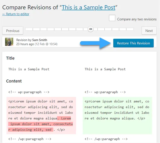 Khôi phục một Revision trong WordPress