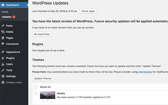 Kiểm tra cập nhật WordPress và chủ đề
