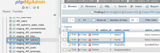 Mở bảng options