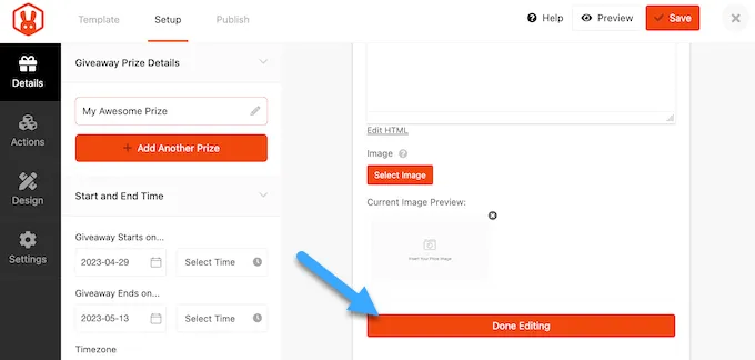 Nút "Done Editing" của RafflePress