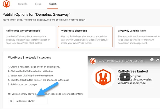 Sao chép shortcode giveaway của bạn